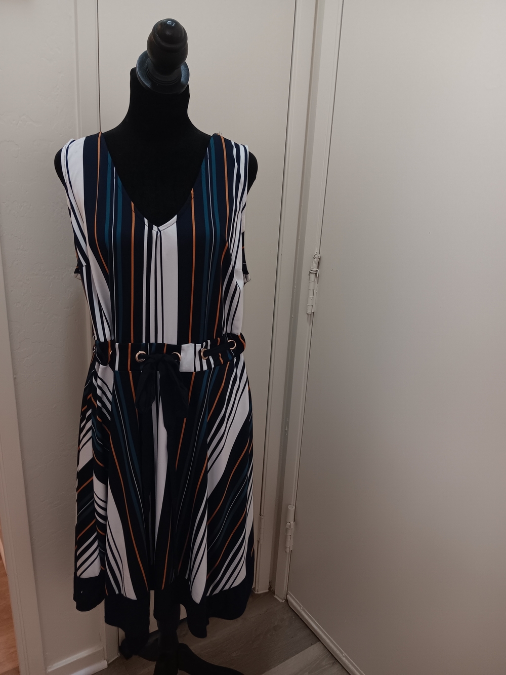 Wrapper Navy, White and Orange Striped Sleeveless Midi Dress
